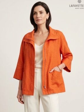 Lafayette 148 Linen Blend Orange 3/4 Boxy Jacket w Pockets